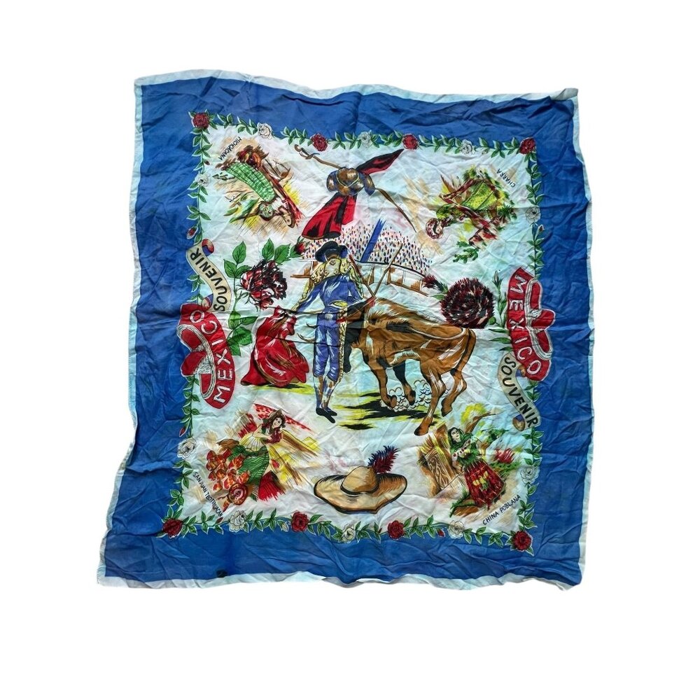 Mexico Souvenir Vintage Scarf Folk Art Illustrations Floral Details